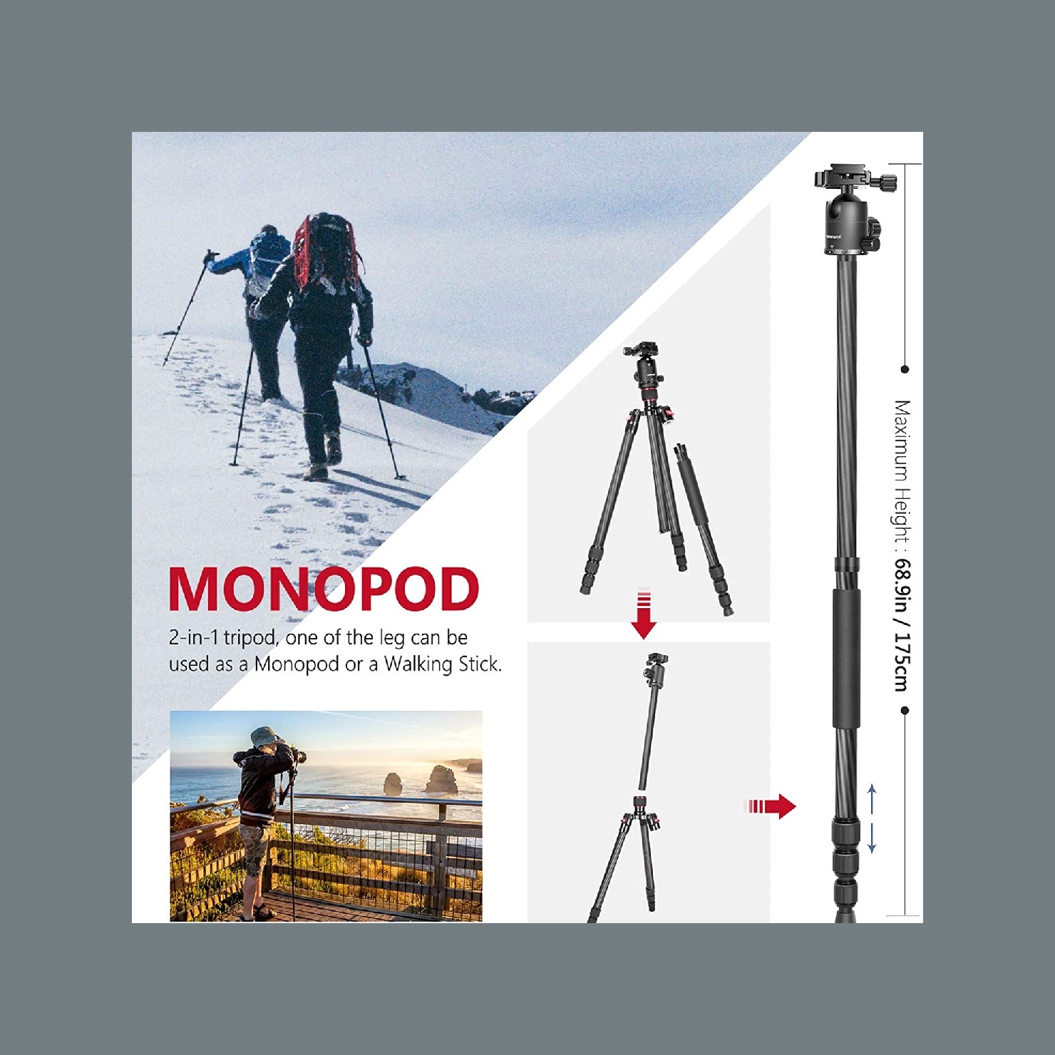 NEEWER Tripod Monopod Serat Ka - Video Head Tripod Carbon Fiber ulasan dan harga